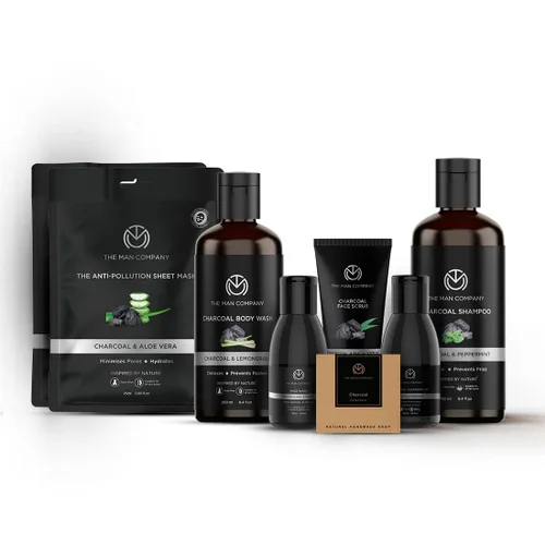 Vista 6 de The Man Company Kit definitivo de carbón con elegante caja de regalo Gel de baño de carbón, champú, exfoliante facial, lavado facial, jabón