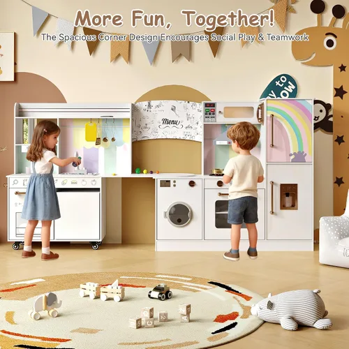 Vista 2 de Juego de cocina de esquina de madera para niños, cocina de juego grande con fregadero con agua corriente, estufa con luz y sonido, máquina de hielo