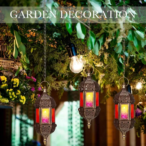 Vista 5 de Retisee 2 faroles marroquíes colgantes hexagonales decorativos marroquíes, portavelas colgantes para interiores y exteriores, para patio, bodas