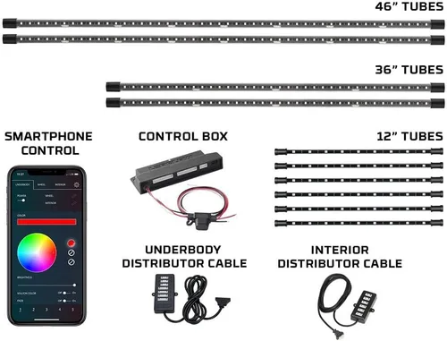 Vista 2 de LEDGlow 4 piezas Bluetooth Millones de colores LED Underbody Underbody Underbody Underglow y 6 piezas Interior Footwell Accent Kit de iluminación