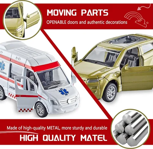 Vista 3 de KIDAMI Juego de 5 autos de juguete de metal fundido a presión, puertas que se abren, ambulancia de autos retrocedentes, paquete de regalo para niños