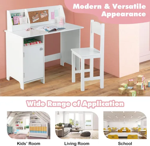 Vista 8 de Costzon Juego de escritorio y silla para niños, mesa de estudio de madera para niños con almacenamiento, gabinete, tablero de anuncios de corcho