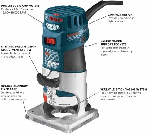 Vista 2 de BOSCH PR20EVS Colt - Router de palma de velocidad variable de 1.0 HP - Motor de 5.6 amperios, arranque suave, circuito de respuesta constante