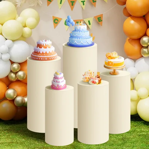 Vista 7 de SaitiMade Juego de 3 fundas para pedestal de cilindro beige, fundas de elastano para decoración de fiestas, bodas o eventos de cumpleaños, solo
