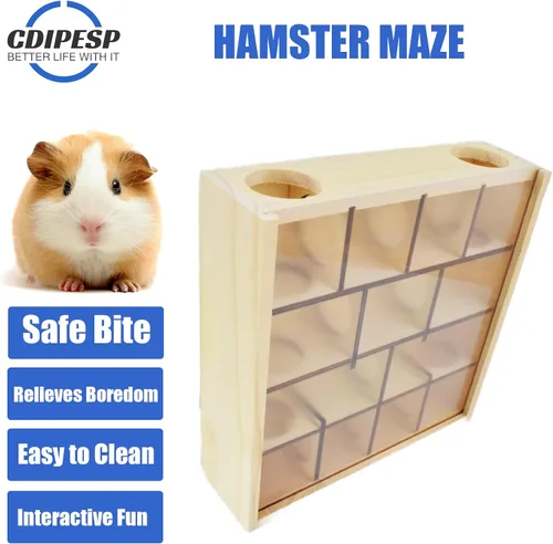 Vista 2 de Laberinto de madera para hámster con cubierta acrílica transparente, multicámara, escondite de hámster, juguetes de hámster, laberinto de jerbos