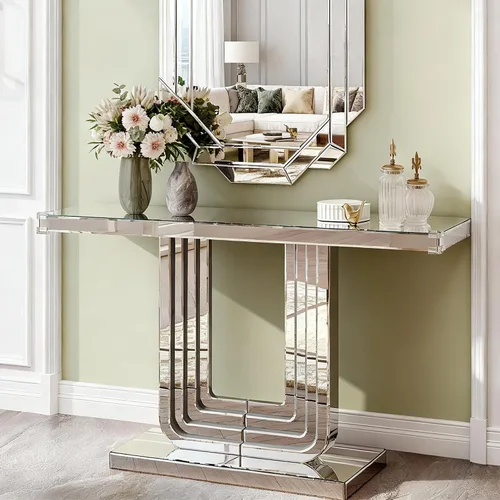 Vista 17 de Mesa Consola Negra con Espejo, Mesa de Sofá de Cristal Rectangular de 48 pulgadas con Elementos Tallados Vintage con Espejo, Muebles de Espejo