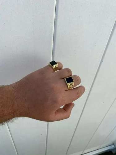 Vista 7 de Anillo de oro de 14 quilates sobre plata de ley 925 maciza real, anillo de ónix negro natural, anillo rectangular de hip hop, precioso anillo