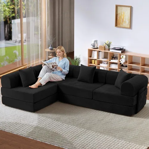 Vista 9 de Sofá cama modular en forma de U de 141.73 pulgadas, sofá de pana modular 6 en 1 con sensación suave como una nube, bolsa de almacenamiento