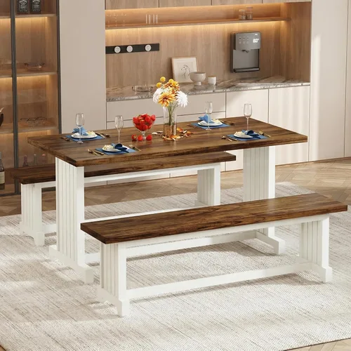 Vista 4 de Tribesigns Juego de mesa de comedor de 47 pulgadas para 4, mesa de cocina de 3 piezas con 2 bancos, muebles de cena de madera de granja