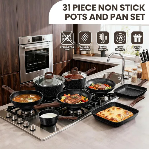 Vista 5 de Juego de ollas y sartenes antiadherentes, juego de 31 piezas de batería de cocina y de horneado para inducción, juego de sartenes de cocina