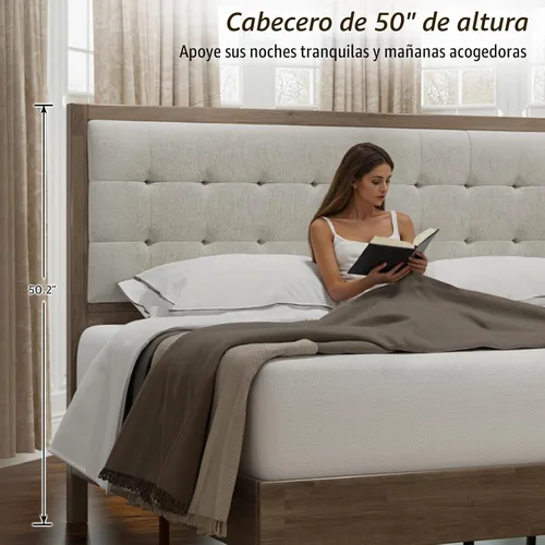 Vista 3 de Jocisland - Base de cama matrimonial de madera maciza, cabecera tapizada de 50 pulgadas de alto, color gris ceniza
