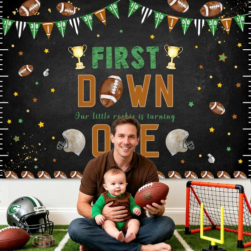 Vista 3 de AIBIIN Fondo de fútbol de 7 x 5 pies con temática de fútbol para el primer cumpleaños de niño, decoraciones de fiesta de cumpleaños con texto