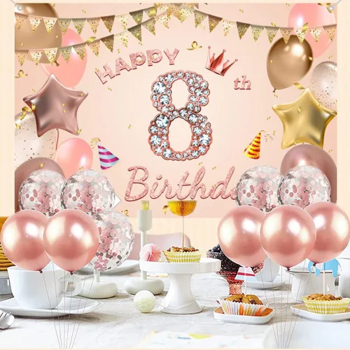 Vista 5 de Cartel de tela para decoración de cumpleaños número 8 para niñas de 8 años, cartel de tela para fiesta de cumpleaños de niña, fondo de foto rosa