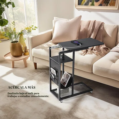 Vista 3 de Mesa auxiliar en forma de C de Colima con estación de carga (Negro, Extra Grande)