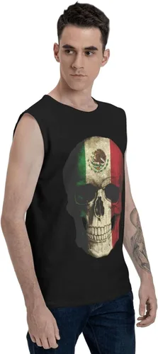 Vista 4 de Camiseta sin mangas con diseño de calavera mexicana con bandera mexicana para hombre, camiseta sin mangas para gimnasio, culturismo
