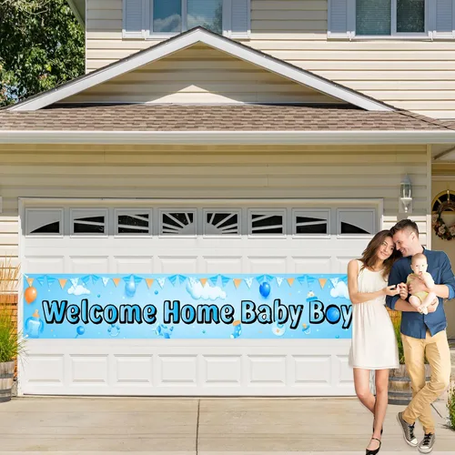 Vista 6 de Labakita Cartel de bienvenida a casa para bebé niño, pancarta grande para baby shower, decoración azul para baby shower, revelación de género