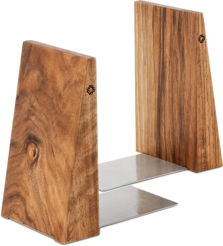 Vista 9 de TILISMA Sujetalibros de madera hechos a mano con base de metal, castaño - Soportes resistentes para libros para estanterías - Sujetalibros