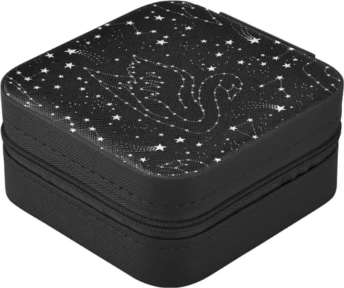 Vista 3 de Tatenale Joyero de viaje pequeño organizador de joyas para anillos, aretes, collares, niñas, mujeres, hombres, estrella fugaz blanca y cisne, negro