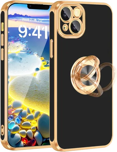 Vista 12 de Fingic - Funda para iPhone 13, soporte giratorio de 360°, soporte magnético Shiny Plating Gold Edge Slim Soft TPU Shockproof Protective Phone Case
