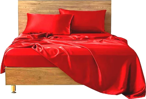 Vista 34 de Juego de sábanas de satén de seda de 4 piezas Sábana bajera Sábana encimera Funda de almohada Calidad de hotel sedoso suave y lujoso