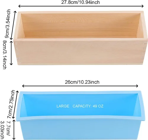 Vista 2 de Juego de 3 moldes de jabón de silicona azul de 45 onzas, moldes rectangulares flexibles para hacer jabón con caja de madera, cubiertas de madera