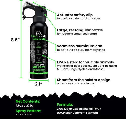 Vista 5 de UDAP Griz Guard Bear Pepper Spray disuasorio de autodefensa con funda para camping, senderismo, pesca, potente patrón de explosión, barrera