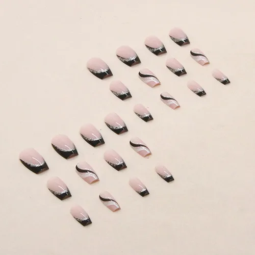 Vista 5 de Uñas postizas a presión con punta francesa negra, uñas postizas cuadradas de longitud media con diseños de línea de purpurina plateada, uñas