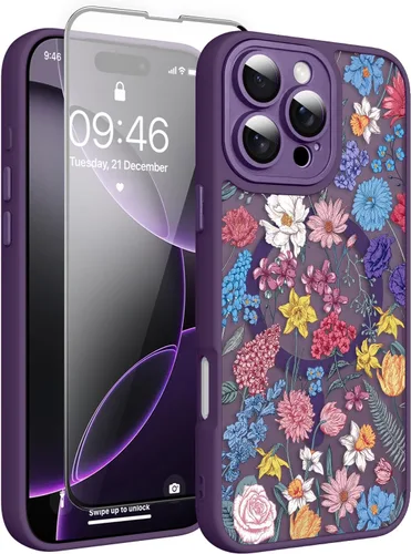 Vista 9 de Magnético para iPhone 13 con protector de pantalla [Compatible con MagSafe] Diseño de patrón floral de flores bonitas, funda delgada a prueba