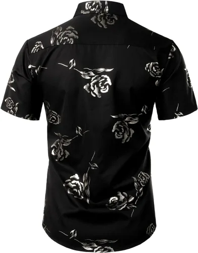 Vista 3 de ZEROYAA - Camisas de vestir de manga corta con estampado de rosa dorada para hombre, estilo hipster, calce ajustado, con botones