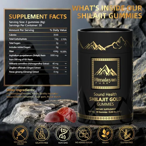 Vista 2 de Shilajit - Gomitas doradas para hombres y mujeres, con Ashwagandha, ginseng y ácido fúlvico, más de 85 minerales traza, veganos sin OMG sin azúcar