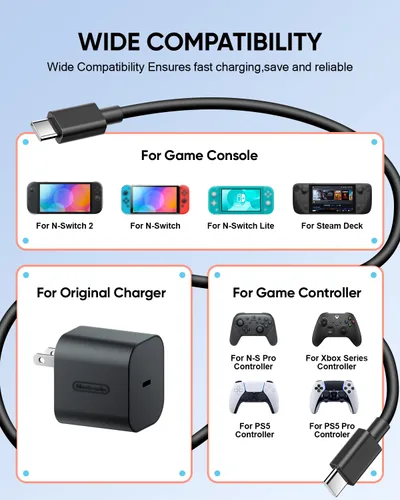 Vista 3 de (9.8FT) Switch 2 Charging Cable - for Nintendo Switch 2 AC Power Adapter, 60W Switch 2 Charger Power Cord Extra Long , Support 4K TV Dock Mode