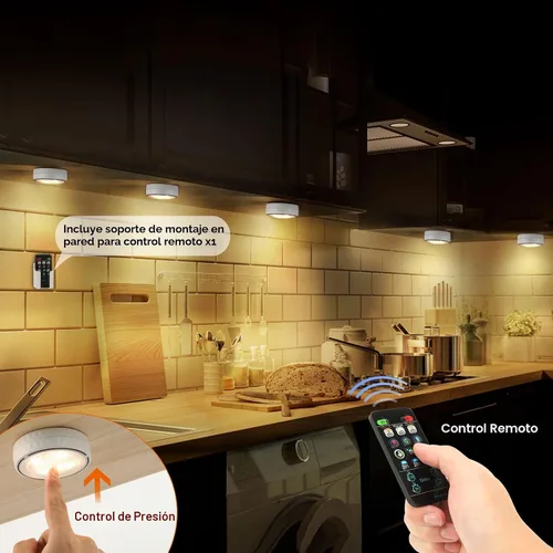 Vista 2 de TECOMLIGHT Luces de disco con control remoto, iluminación inalámbrica para debajo del gabinete, funciona con pilas, luces de empuje para cocina