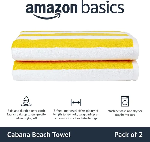 Vista 2 de Amazon Basics Cabana Stripe - Toalla de playa (2 unidades), color amarillo, 60 x 30 pulgadas