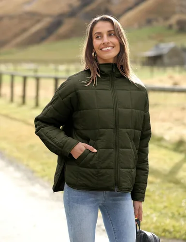 Vista 2 de Omoone Chaqueta acolchada con cremallera para mujer, ligera y acolchonada, con capucha, de gran tamaño Verde militar
