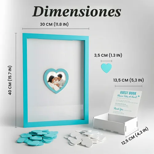 Vista 3 de Libro de invitados de boda azul alternativo para recepción con corazones de madera, un marco, decoración de libros, recuerdos para boda, ideas