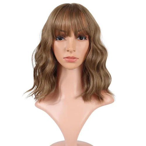 Vista 7 de VCKOVCKO - Peluca de cabello castaño claro rizada con flequillo de aire, onda natural rizada, peluca corta estilo Bob para mujer, longitud hasta