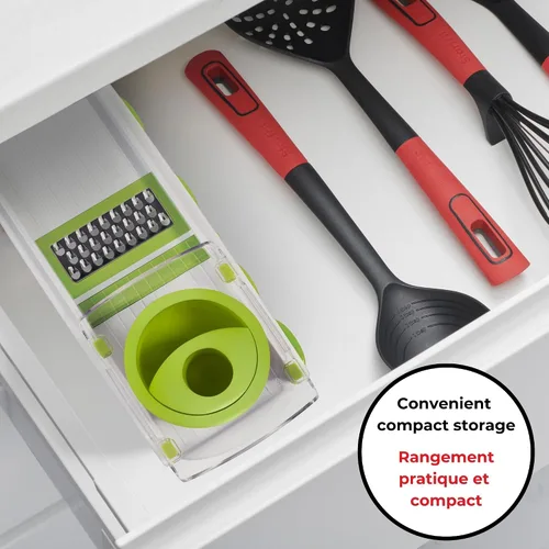 Vista 10 de Starfrit Easy Mandoline Slicer, Dicer - 5 cuchillas - Cuchillas rectas y arrugadas, Julienne, rallador y triturador - Empujador de autoalimentación