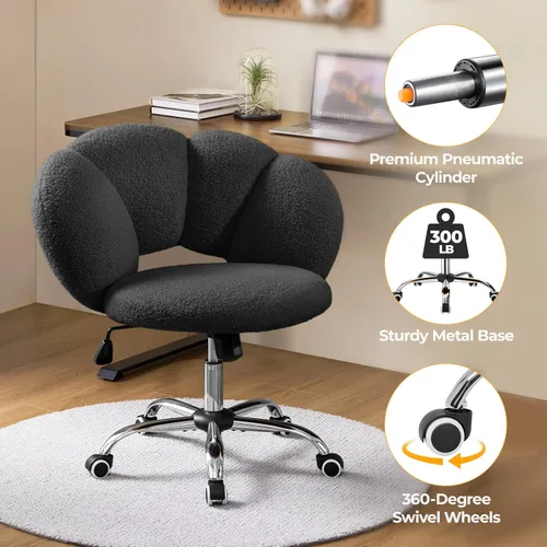 Vista 6 de Yaheetech - Silla de escritorio tapizada Boucle con forma de nube, silla de tocador ajustable para oficina en casa, computadora con ruedas para sala