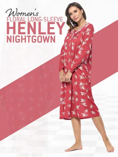 Vista 3 de Casual Nights Vestido de dormir floral de manga larga para mujer, camisón Henley de longitud completa Baya(Berry floral)
