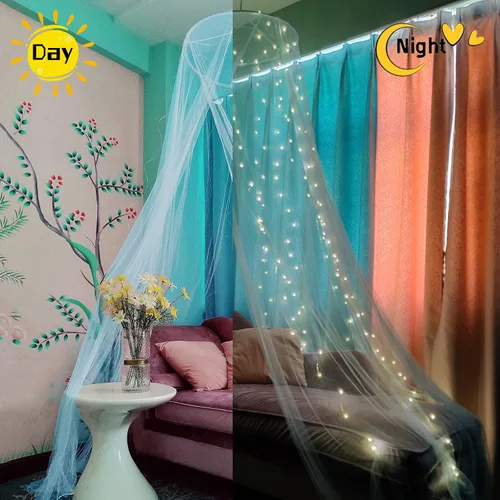 Vista 2 de Dosel de cama Eimilaly con mosquitera y 250 piezas de luces de cortina blancas cálidas, dosel de cama para decoración de habitación de niñas o Luces