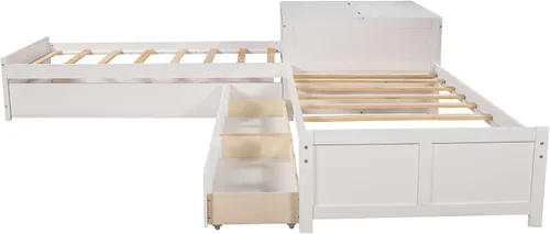 Vista 9 de Moderna cama de plataforma en forma de L con nido y cajones, cama de plataforma de madera de tamaño individual con mesa cuadrada abatible White#w