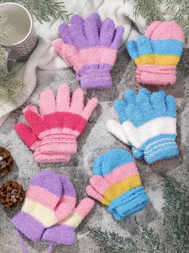 Vista 2 de SATINIOR 6 pares de guantes de punto para niños pequeños, cálidos y elásticos, suaves y ligeros para niños y niñas