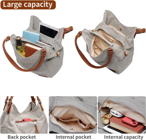 Vista 6 de Worldlyda Women Canvas Hobo Purse Multi Pocket Tote Shopper Shoulder Bag Casual Top Handle handbag with Embroidery Ethnic