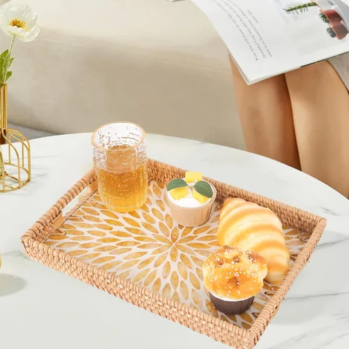Vista 8 de Bandeja rectangular de ratán con incrustaciones de madreperla, bandeja de ratán con asa para café, pan, frutas, aperitivos, bandeja decorativa