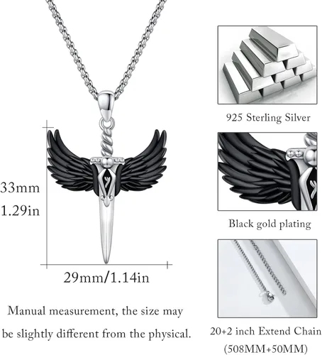 Vista 6 de YEESIA Collar de espada de plata de ley 925, collar de ala de amuleto de protección negra, collares con colgante de daga de espada vikinga, joyería