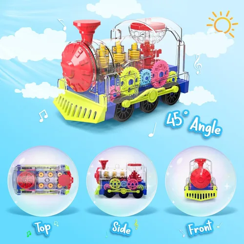 Vista 4 de Kizeefun - Tren de juguete con luz para niños pequeños: coche de juguete con engranajes transparentes para niños con luz genial y música, juguetes