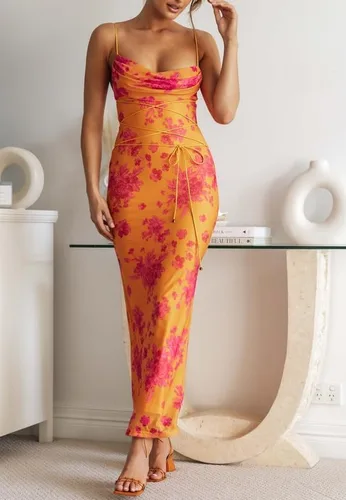 Vista 2 de Vestido largo con estampado de flores para mujer, con tirantes delgados, vestido largo floral, sexy, con tirantes delgados, vestido de cóctel