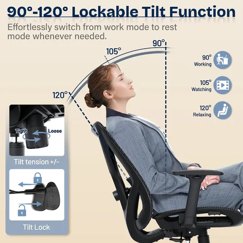 Vista 6 de Silla de oficina ergonómica, sillas de escritorio de malla para computadora con soporte lumbar ajustable, reposabrazos 3D, función de inclinación