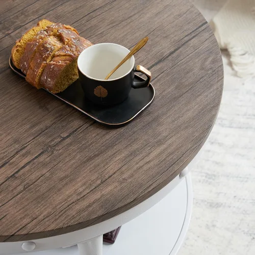 Vista 4 de VINGLI - Mesa de café de granja redonda de nogal oscuro y blanco de 25.6", mesa de centro con 2 estantes de almacenamiento para sala de estar