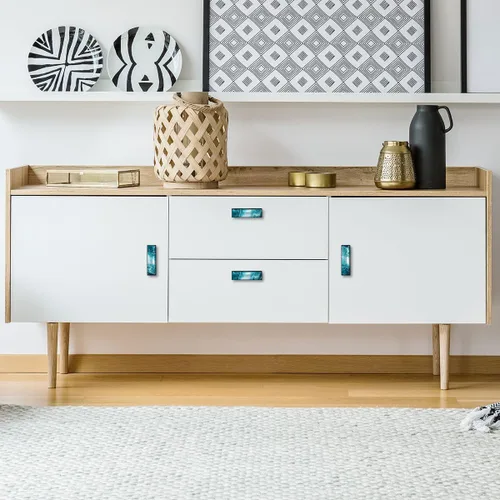Vista 6 de LORVIES Paquete de 4 pomos decorativos de mármol de 3.6 pulgadas para gabinete, vidrio ABS largo rectangular negro, manijas de puerta de cajón